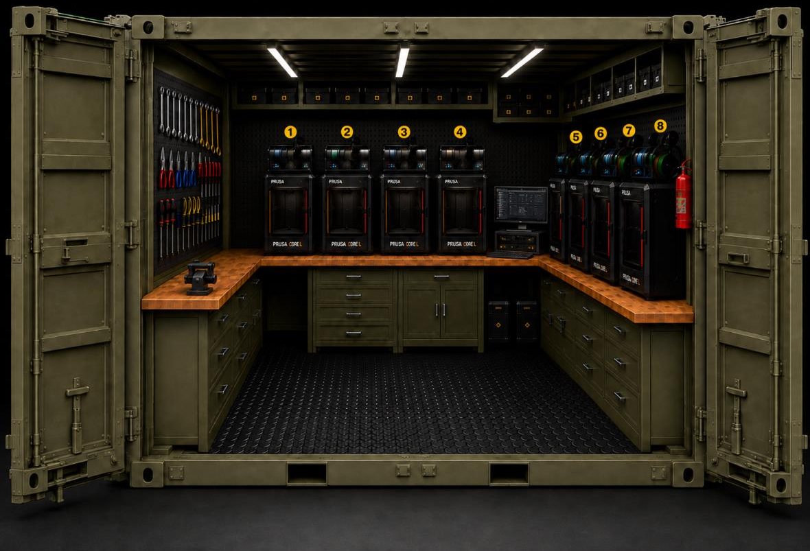 DMMS interior layout: eight Prusa CORE One L printers in a four-plus-four arrangement along the rear and right walls of an ISU-90 container, with a continuous worktop, drawer storage, tool wall and clear center aisle.